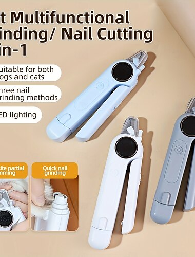  2-in-1 USB-oplaadbare nageltrimmer en -vijl voor huisdieren, voorzien van 2 ledlampjes en een oplaadindicator. Het is een stil en gebruiksvriendelijk apparaat voor de verzorging van huisdieren,