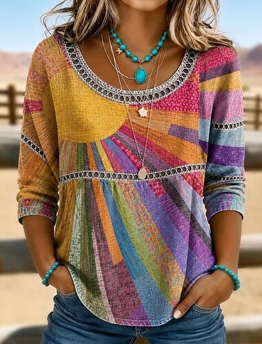  Mulheres Camisa Social Topo de ilhó Camisa casual Floral Gráfico Elegante Boêmia Ativo Manga 3/4 Gola Redonda Tops longos Casual Azul Verde Sage Rosa Arco-íris Verão Primavera Outono Inverno