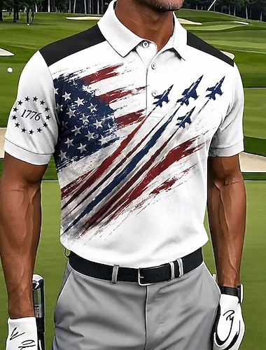  4 juli 2026 250:e Herr Amerikanska amerikanska flaggan Golf Sport pikétröjor Kortärmad Polotröjor Skjortor med krage Ledigt Fritids- Festival outfit 3D-utskrift Knappar Nättyg som andas Vår & sommar