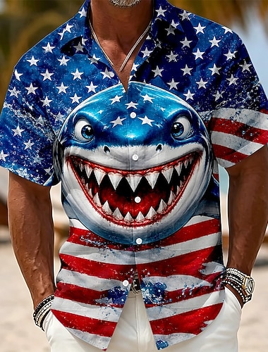 4 juli 2026 250:e Herr Amerikanska amerikanska flaggan Skjorta Sommarskjorta Kortärmad Patriotisk Dagligen Streetwear Sommar Vår Nedvikt 3D-utskrift Skjortor med knappar Blå Blå 2# Blå 1# Vit