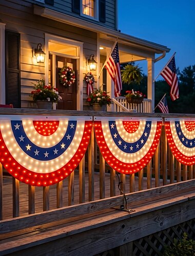  Bandiera patriottica illuminata 1 pz bandiera americana a mezzo ventaglio a LED rossa bianca blu decorazione per ringhiera del portico per il 4 luglio per il giorno dell'indipendenza decorazione