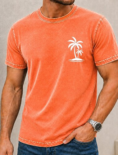  Voor heren Tropisch Kokospalm Acid Wash-shirt Zwaargewicht T-shirt Korte mouw T-shirt DTG Strakke ronde hals Overhemd Vakantie Hawaii Dagelijks Feestdagen blauw Blozend Roze Oranje Lente zomer Kleding