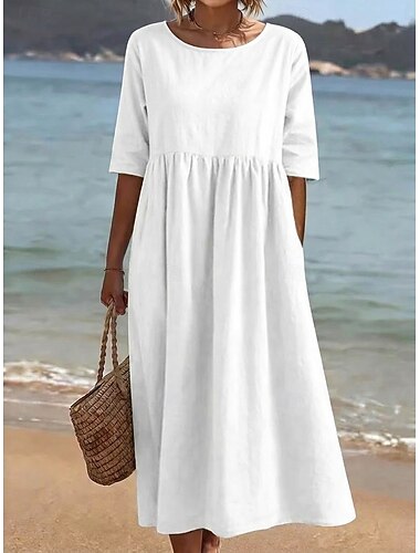  Mulheres Vestido midi Vestido casual Vestido de verão Básico Clássico Diário Férias Normal Tecido Meia Manga Gola Redonda Azul denim Branco Verde Claro Rosa Verão Primavera