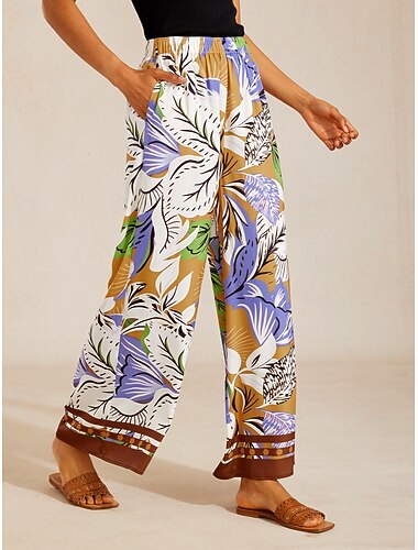  Wild Hibiscus Dream Silky Satin Pants med vide ben