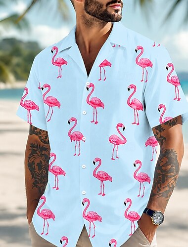  Homme Flamant rose Chemise hawaïenne Chemises tropicales Chemise Aloha Manche Courte Hawaïen Quotidien Vacances à la Plage Été Printemps Col Rabattu Impression 3D Chemises boutonnées Bleu Rose Claire