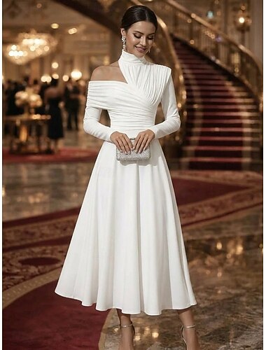  Linea ad A Lunghezza alla caviglia Lunghezza Tè Abiti da Cocktail Elegante Abito da sera stile impero Manica Lunga Collo Alto Festa serale Matrimonio Raso Elasticizzato con Pieghe Tinta unita
