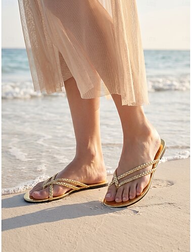  Metallic-goldene Damen-Flip-Flops – schicke, geflochtene Riemchensandalen im Zehensteg-Stil für Strandurlaube und Inselurlaube &elegante Sommer-Resort-Kleidung