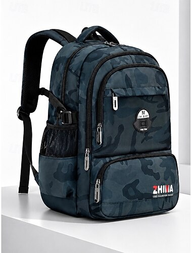  Rugzak in camouflageprint voor jongens en tieners, grote waterdichte schooltas van polyester met meerdere compartimenten, blauwgroene camouflage rugzak voor school, reizen, sport en