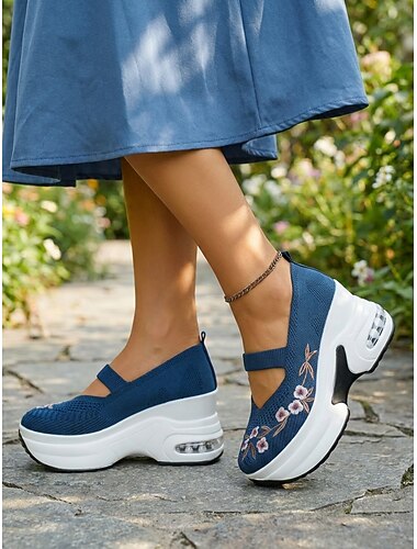  Blaue Mary-Jane-Sneaker mit Blumenstickerei für Damen – atmungsaktive Strickschuhe mit Luftpolsterung und Plateausohle für Reisen und Freizeitaktivitäten &Ganztägiges Tragen