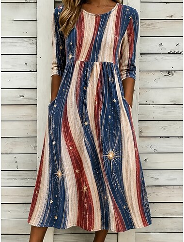  Amerikaanse onafhankelijkheidsdag Dames Halflange jurk Hemdjurk Vakantie Feest Casual Dagelijks Zomerjurk Lente Jurk Normale pasvorm Amerikaanse vlag 3/4 mouw Strakke ronde hals blauw Rood Beige