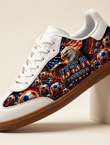  Casual sneakers voor heren met USA Eagle voetbalprint, vetersluiting, lichtgewicht, comfortabel, patriottisch voetbalfan schoeisel voor wedstrijddagen, sportevenementen, reizen en dagelijks gebruik.