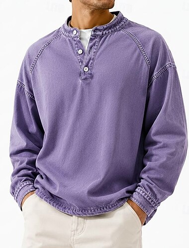 Per uomo Maglia Henley Maglietta Manica Lunga Semplice Vintage Retrò Vintage Casual Tinto in capo Sbiadito Colletto Henley Henley Casuale Primavera Autunno Tutte le stagioni Viola Maglietta Henley