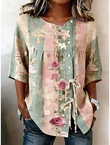  Per donna Camicia Camicia casual Top estivi Coulisse Floreale Grafico Elegante Bohemien Attivo Mezza Manica Girocollo Top lunghi Casuale Blu Verde chiaro Rosa polverosa Viola chiaro Estate Primavera