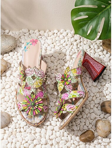  Dames boho sandalen van echt leer - muiltjes met bloemenprint en uitgesneden details, met een stevige glitterhak, perfect voor een eilandvakantie of strandvakantie. &zomervakantie