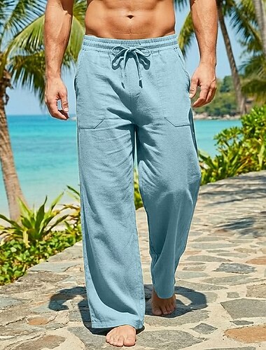  Herre Linbukser Bukser Sommerbukser Posete bukser Strandbukser Snorer Lomme foran Rett ben عادي Komfort Pustende Full lengde Daglig Strand Ferie Ferie Mote Kakifarget Svart Uelastisk