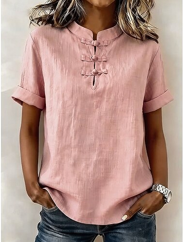  Mulheres Camisas de algodão e linho Blusa à moda Manga Curta Colarinho Mandarim Tops longos Azul Branco Rosa Verde Caqui Verão Primavera