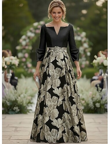 A-Linie Bodenlang Abendkleid Brautmutterkleid Dreiviertelarm V Ausschnitt Quadrathals Elegant Einfach Formell Hochzeitsgast Semi-Formal Metallgewebe Jacquard mit Falten Farbblock