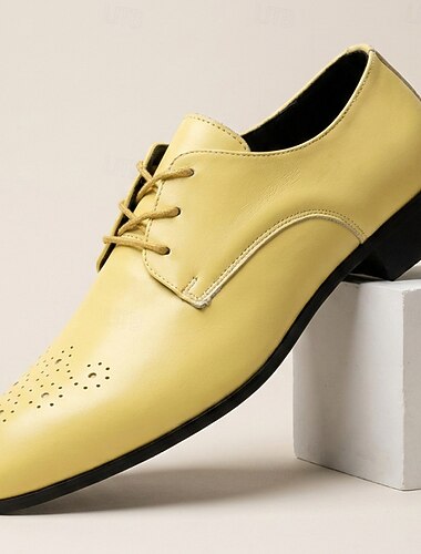  Gele derby's voor heren, veterschoenen, klassieke geklede schoenen, strakke minimalistische herenschoenen voor zakenlieden, kantoor, bruiloften, banketten en stijlvolle gelegenheden.