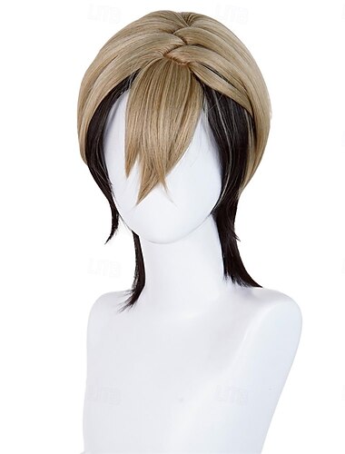  Parrucca cosplay marrone biondo a strati corta, parrucca anime in capelli sintetici resistenti al calore, parrucca per costume per Halloween, Comic Con, feste, carnevale