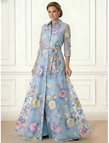  Linea ad A Lunghezza al pavimento Abito Camicia Abito da invitata a nozze Abito Formale Abito da cerimonia per signora Manica 3/4 Colletto a Camicia Elegante Semplice Formale Organza Jacquard con