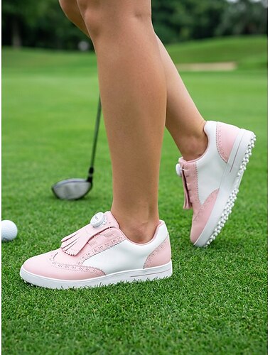  Scarpe da golf da donna di lusso rosa e bianche senza tacchetti – sneakers da golf antiscivolo color block con chiusura a rotella &frangia per camminare, allenamento &abbigliamento da country club