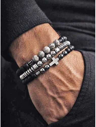  Armbåndssett med kors og obsidianperler til menn - flerlags matt obsidian og metallperler med grå edelstensdekorasjon, stretchdesign, bohemsk stil, egnet for daglig bruk eller uformell utflukt