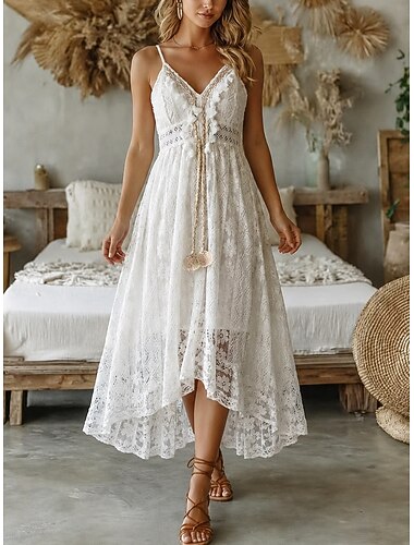  Damen Midikleid Spitzenkleid Weißes Kleid Elegant Mode Strand Urlaub Normale Passform Blumen Ärmellos V Ausschnitt Weiß Aprikose Sommer Frühling