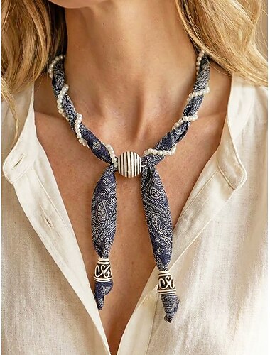  Collana-sciarpa bohémien da donna con avvolgimento di perle, gioiello vistoso in tessuto paisley per vacanze al resort, stile boutique casual e artigianale