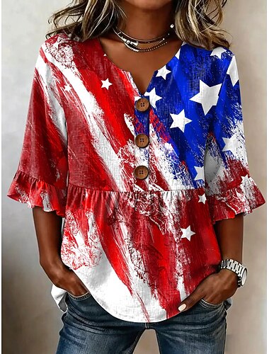  Dia da Independência Americana Mulheres Blusa Patchwork Botões Imprimir Gráfico Bandeira americana Vintage à moda Meia Manga Decote V Tops regulares Casual Diário Feriado Azul Branco Vermelho