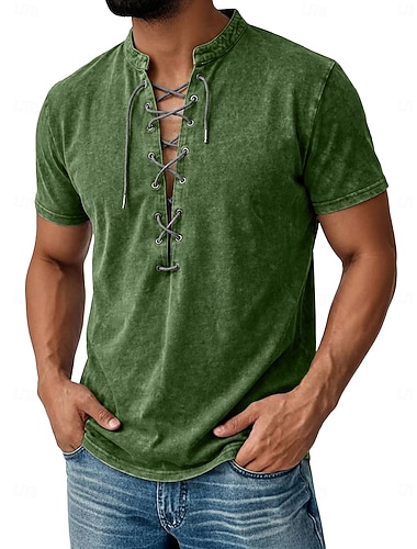  Herr Viking stil Henleytröja Tvätta skjorta i 100 % bomull Kortärmad Slät Vintage Retro / vintage Ledigt Spetsknuten Vintagestil Bedrövad Henley Ledigt Utekväll Vår & sommar Sommar Vår Brun Grön