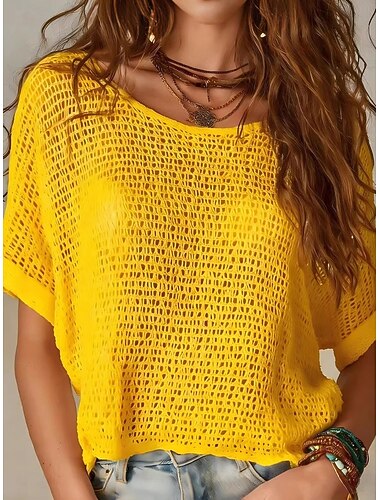  Dam Blus T-tröja Virkad Slät Vintage Stylish Modern Kortärmad Rund hals Vanliga toppar Ledigt Dagligen Sommar Blå Svart Vit Gul Ros rosa Sommar Vår