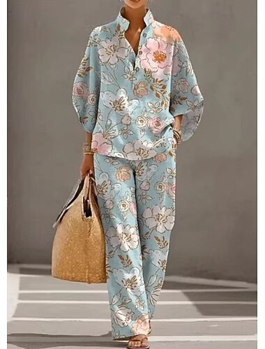  Dames Broeken Sets Lange mouw 3/4 mouw Opstaand Bloemig Grafisch Modieus Streetwear Casual Dagelijks Buiten Wit Paars Groen Lente zomer Ruim Passend