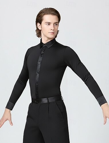  Camicia da ballo latino-americano da uomo nera - vestibilità slim, maniche lunghe, top da ballo da sala - dettagli in raso, costume da salsa/tango/cha-cha