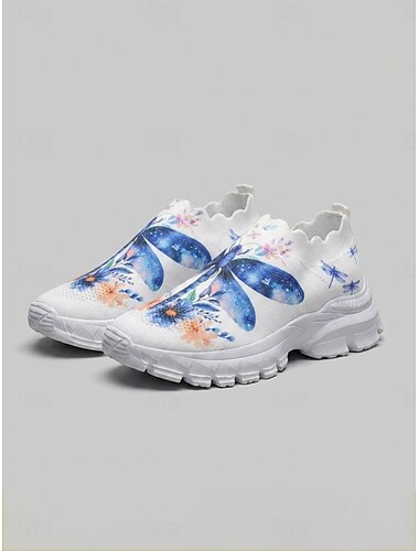  Blå slip-on sneakers med trollsländemönster för kvinnor - grova vardagsskor, andningsbara skor för vardagsbruk, gym, promenader &resa