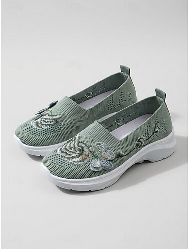 Gröna blommiga stickade slip-on-skor för kvinnor - bekväma, avslappnade sneakers med fjärilsbroderi, andningsbara skor för vardagsbruk, promenader, resor &vardagliga utflykter