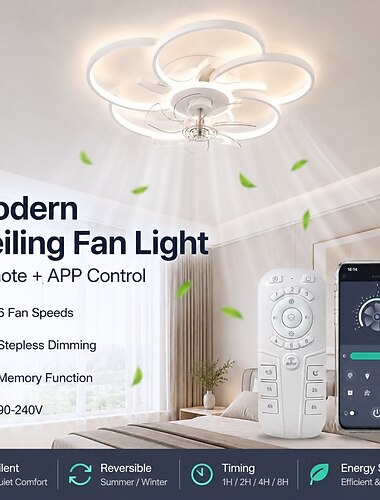  Ventilatore da soffitto geometrico dimmerabile con luci e telecomando, 6 velocità, 3 colori, nero, a basso profilo, con luce per cucina, camera da letto e soggiorno.