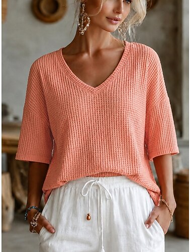  Dames Wafel Shirt Blouse T-shirt Textuur Effen Vintage Stijlvol Modern Halve mouw V-hals Normale tops Casual Dagelijks Zomer Lichtgroen Blozend Roze Oranje Licht Blauw Zomer Lente