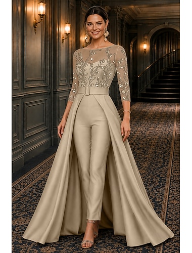  Buksedrakt Ankellengde Kjole til brudens mor 3/4 ermer Båthals Elegant Formell Bryllupsgjest Semi-formelt Blonder Stretch Crepe med Perlearbeid Paljett