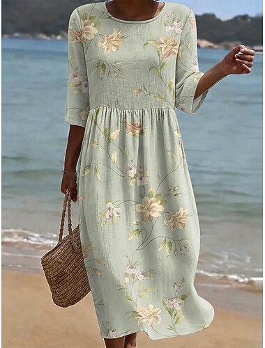  Mujer Vestido Midi Vestido de verano Vacaciones Casual Boho Festivos Ajuste regular Floral Graphic Media Manga Cuello Barco Azul Piscina Blanco Verde Claro Verano Primavera