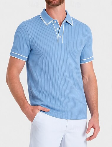  Per uomo Top a Maglia a Coste Testurizzato Casuale Ferie Bavero Manica Corta Essenziale Moderno Semplice Bottoni Traspirante Primavera & Estate Blu Blu marino Top a Maglia a Coste