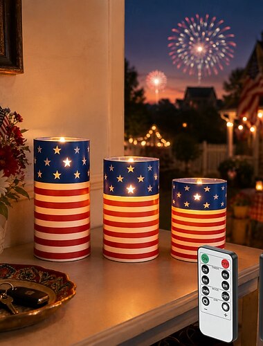  USAs 250-årsjubileum 4. juli 3-pakning med amerikanske flagg LED-flammeløse lys, innendørs utendørs patriotiske dekorative lys for stue, spisestue, fest, AA-batteri, fjernstyrt, 15/12,5/10 cm