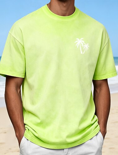  T-shirt homme en coton 100 % délavé à l'acide, imprimé cocotier, manches courtes, col rond, bleu, noir, rouge, printemps &vêtements d'été