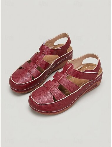  Sandali da donna rosso scuro a punta chiusa - scarpe comode e casual con design traforato intrecciato, sandali estivi traspiranti con chiusura a strappo per tutti i giorni e per i viaggi & a piedi