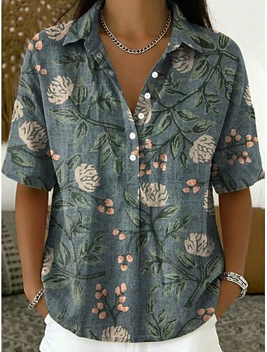  Nieuwjaar Dames Overhemd Knop Afdrukken Bloemig Grafisch Vintage Dagelijks Stijlvol Korte mouw Strijkijzer Croptops Casual Dagelijks Feestdagen Khaki Blozend Roze Groen Zomer Lente