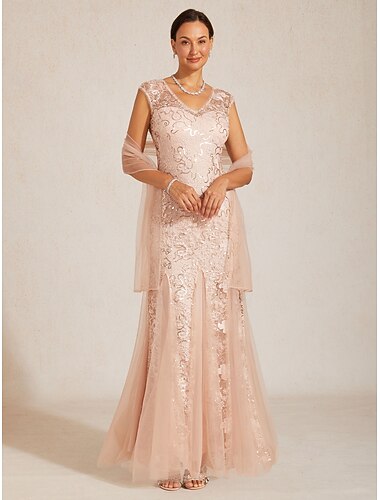  Femmes Robe maxi Robe Trompette Sirène Élégant Soirée Dentelle Broderie Maille Coupe régulière Fleuri Sans manches Col en V Rose Claire