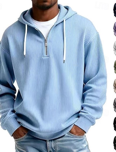  Homens Moletom Veludo Cotelê Moletom com capuz Quarter Zipper Hoodie Adamascado Vermelho Vinho Preto Branco Verde Claro Com Capuz Tecido Zíper Textura Casual Diário Desportos e Ar livre Poliéster