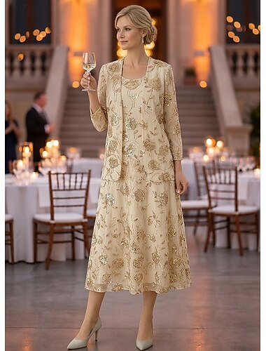  Todelt A-linje Ankellengde Te-lengde Gjestekjole til bryllup Kjole til brudens mor Ermeløs Langermet Øsehals Elegant Luksuriøs Glitrende Formell Bryllupsgjest Chiffon Paljetter med Ensfarget