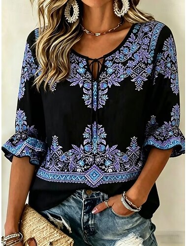  Dames Overhemd Grafisch Geometrisch Paisley Bohemen Vakantie Vintage Lange mouw V-hals Normale tops Casual Dagelijks Feestdagen Zwart Beige Zomer Lente