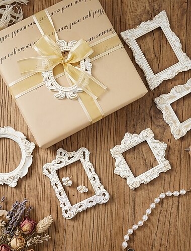  1 pz, cornice portafoto mini decorativa intagliata in stile europeo in resina placcata oro bianco, accessori fai da te, adatta per decorazioni di matrimoni, oggetti di scena per la fotografia,
