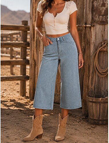  Damen Jeans Jeansstoff Caprihose Weites Bein Mode Capris Hohe Taille Bequem Schwarz Hellblau Grau Sommer Frühling